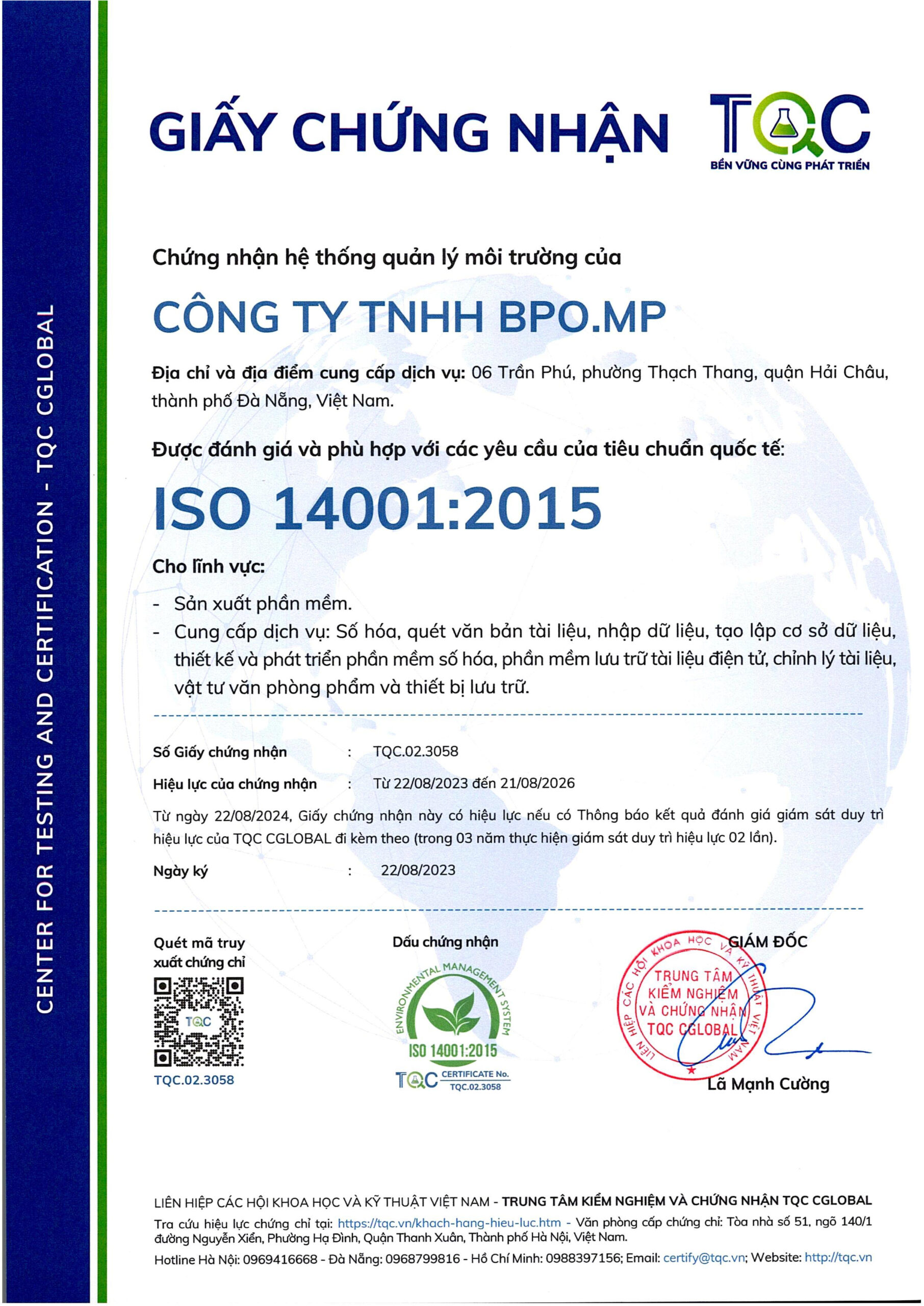 MPBPO – ĐỐI TÁC TIN CẬY, CAM KẾT BỀN VỮNG VỚI CHỨNG NHẬN ISO 14001:2015 VỀ HỆ THỐNG QUẢN LÝ MÔI TRƯỜNG