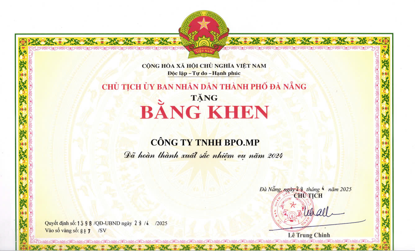 BPO.MP VINH HẠNH NHẬN BẰNG KHEN HOÀN THÀNH XUẤT SẮC NHIỆM VỤ NĂM 2024 CỦA UBND TP CHO CÁC DOANH NGHIỆP THUỘC HỘI DOANH NHÂN TRẺ ĐÀ NẴNG